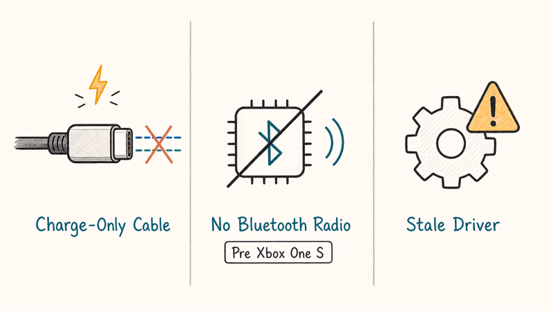 Three hand-drawn panels showing cable, Bluetooth radio, and Windows driver as Xbox controller failure causes.