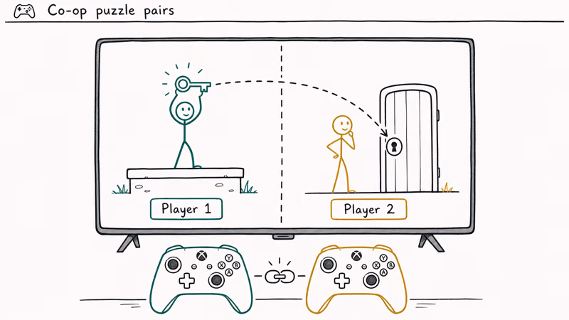 Split screen showing two players sharing a key icon across a co-op puzzle with twin Xbox controllers below.