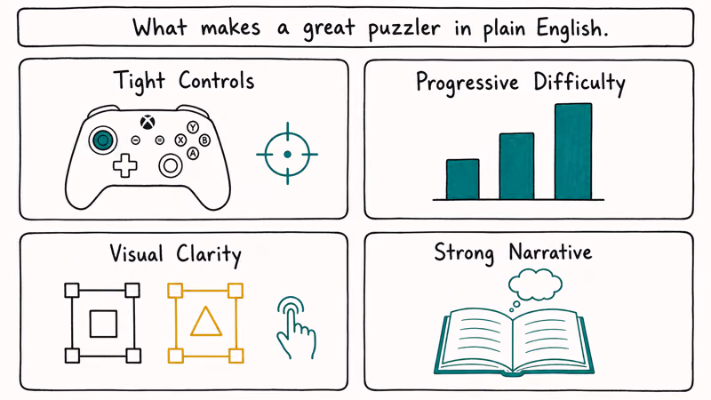 Four quadrant diagram showing puzzle game quality pillars including tight controls progressive difficulty visual clarity and narrative.