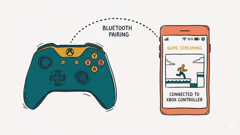 Xbox controller connected to smartphone via Bluetooth for remote play gaming