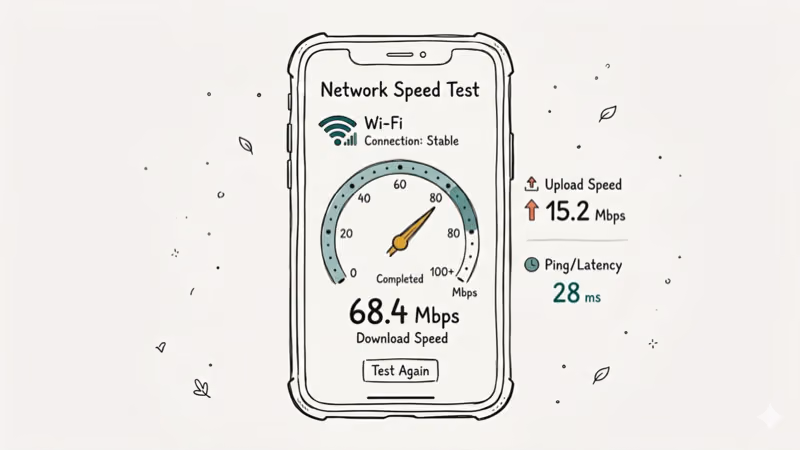 Smartphone displaying network speed test results with download and upload speeds