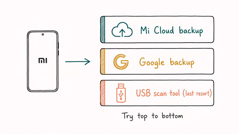 Three-layer Xiaomi data recovery stack Mi Cloud backup Google backup and USB scan tool tried top to bottom
