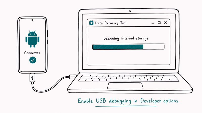 Xiaomi phone connected by USB cable to a laptop running a recovery scan progress bar with USB debugging