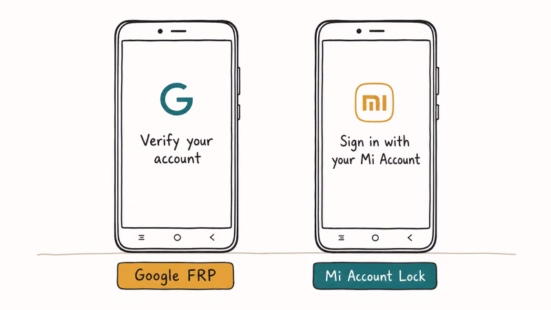 Two hand-drawn Xiaomi phone screens comparing the Google FRP lock with the Mi Account lock prompt.