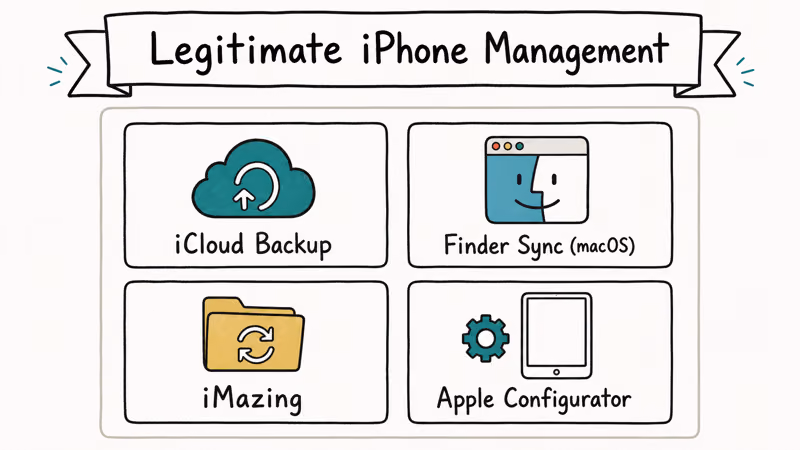Hand-drawn 2x2 grid of legitimate iPhone management tools including iCloud Backup Finder iMazing and Configurator.