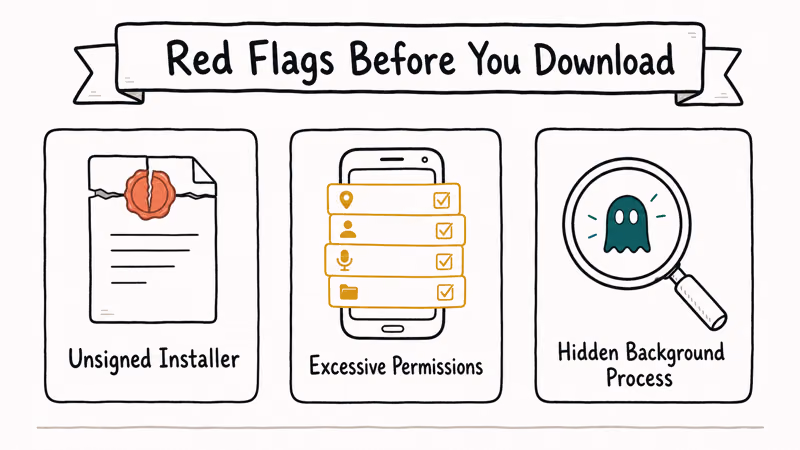 Three hand-drawn warning cards showing unsigned installer, excessive permissions, and hidden process red flags.