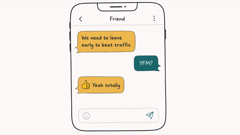 Three bubble chat scene showing a statement followed by YFM check in and a friend confirmation with an