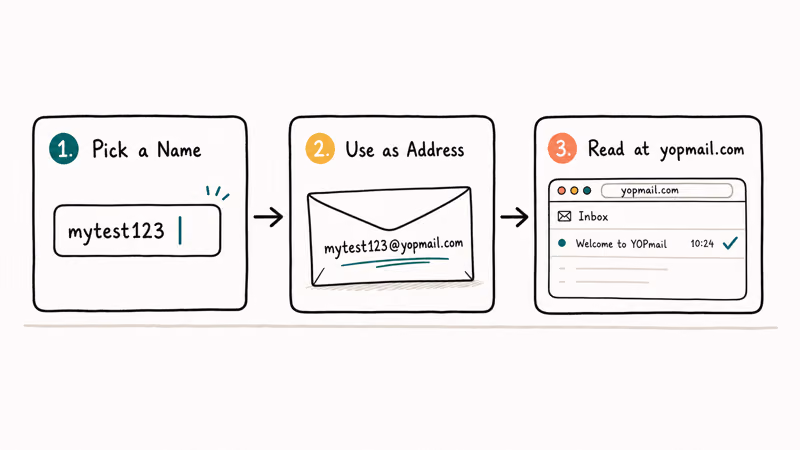 Three hand-drawn cards showing the three steps to use a YOPmail disposable address by inventing a name and