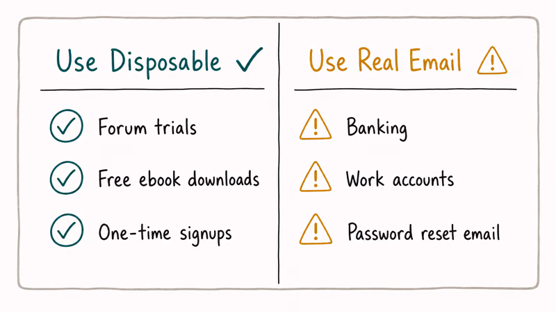 Two-column hand-drawn comparison showing safe disposable email scenarios versus situations requiring a real email.