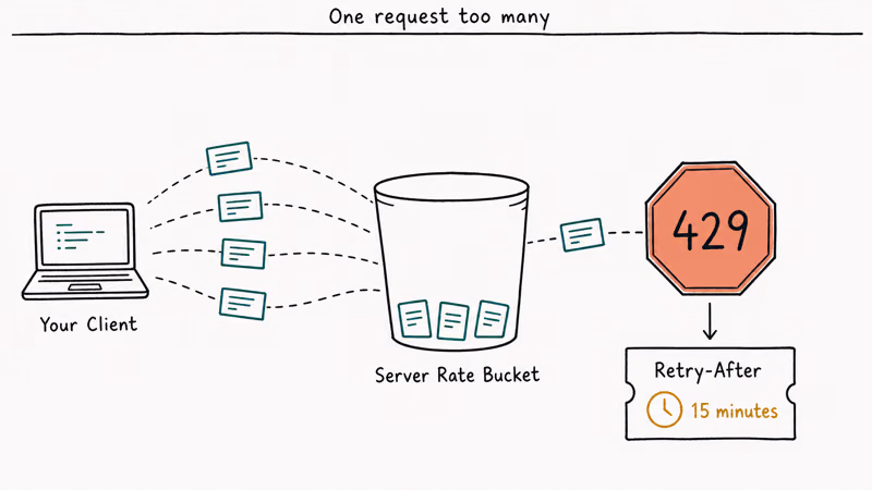 Diagram showing client requests hitting an HTTP 429 stop sign at the server bucket with a Retry-After timer.