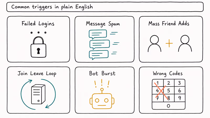 Six card grid showing common rate limit triggers failed logins spam mass adds loops bot bursts and wrong