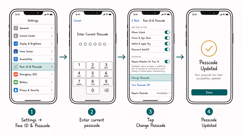 Hand-drawn iPhone Settings Face ID and Passcode screens showing Change Passcode flow ending with confirmation.