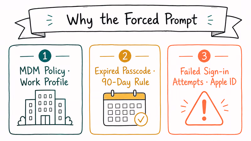 Three hand-drawn cards mapping MDM work profile, expired passcode rule, and failed sign-ins as forced-prompt causes.