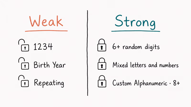 Two hand-drawn columns comparing weak and strong iPhone passcode examples with lock icons above each example.
