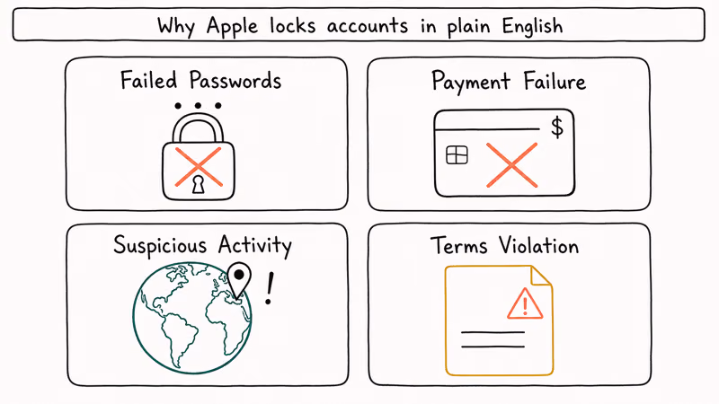 Four card grid showing why Apple disables accounts including failed passwords payment problems suspicious activity and terms violations.