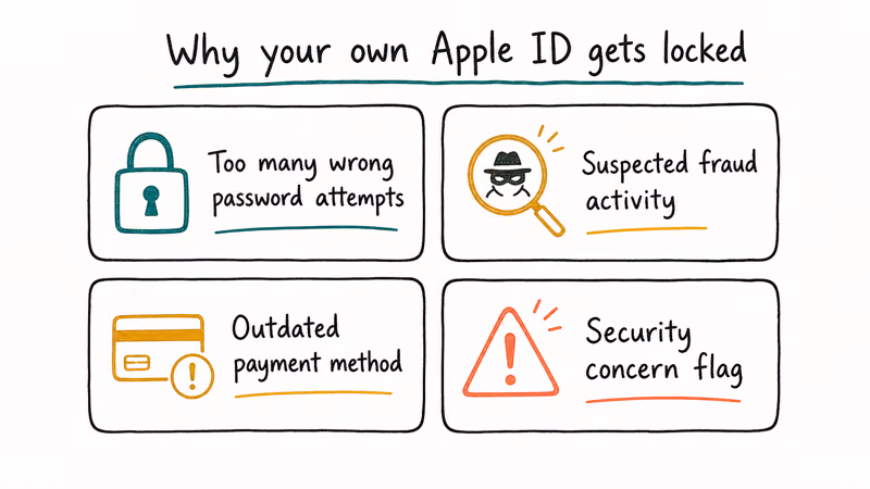 Four common reasons Apple disables an Apple ID wrong password attempts fraud detection bad payment and security flag