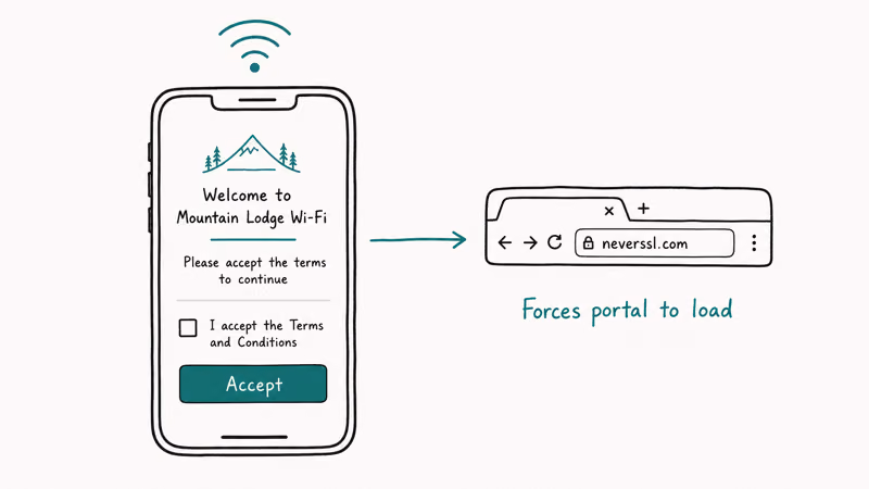 Public Wi-Fi captive portal trick showing neverssl.com tab forcing the sign-in page to appear on a phone browser