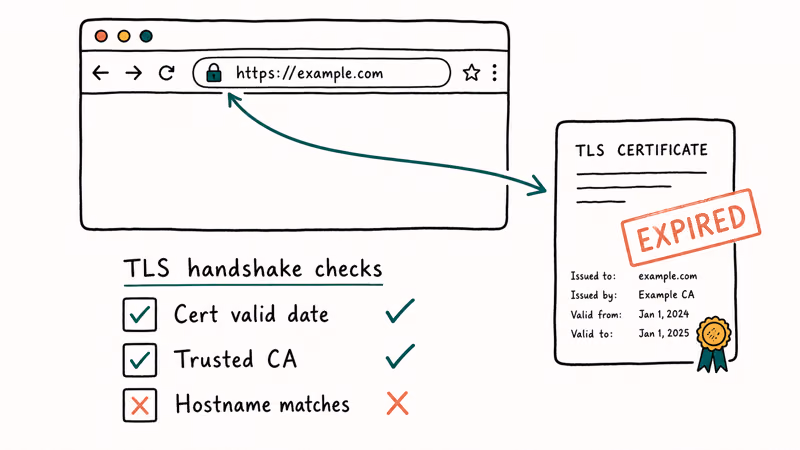 Browser certificate handshake checklist showing expired cert untrusted CA or hostname mismatch causing the privacy error