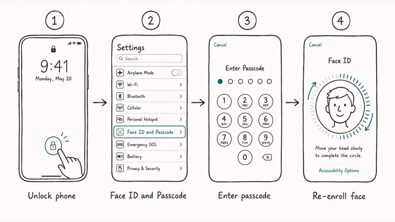 Four step horizontal flow to fix Face ID passcode prompt going through Settings re entering and re enrolling