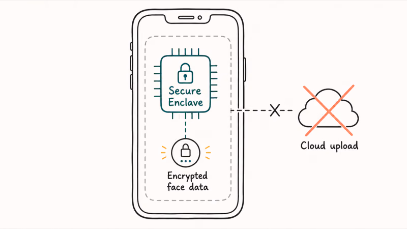 iPhone showing Secure Enclave chip containing encrypted face data with cloud upload crossed out for privacy