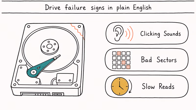 Hard drive cutaway diagram with crack line beside a checklist of clicking sounds bad sectors and slow read
