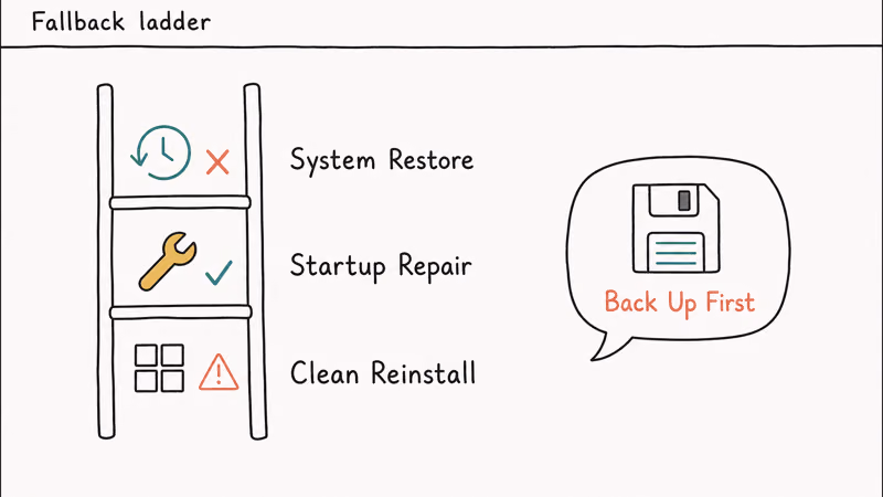 Three rung fallback ladder showing System Restore failure leading to Startup Repair then clean Windows reinstall with backup