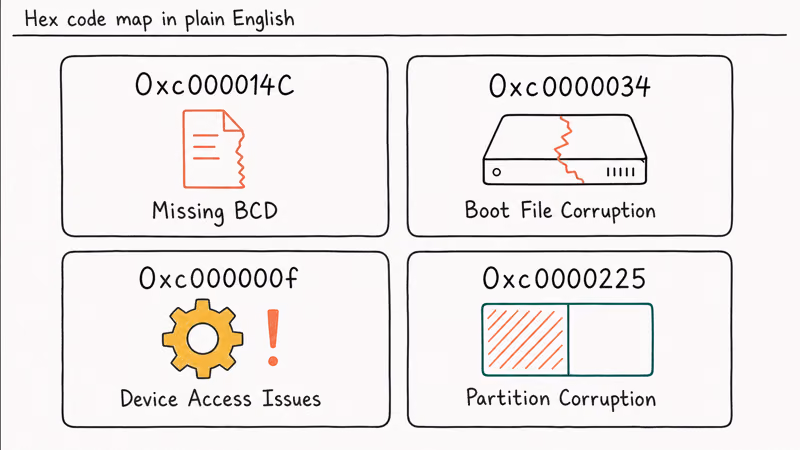 Four card grid mapping Windows recovery hex error codes to causes including missing BCD boot file corruption device