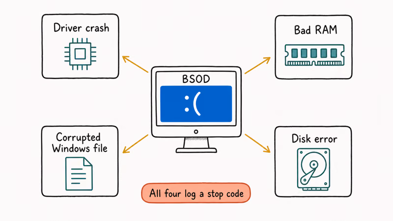 BSOD cause map four categories driver RAM Windows file and disk error with stop code note