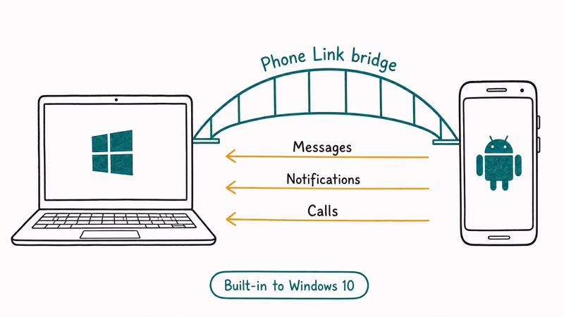 Windows laptop to Android phone Phone Link bridge with messages notifications and calls arrows