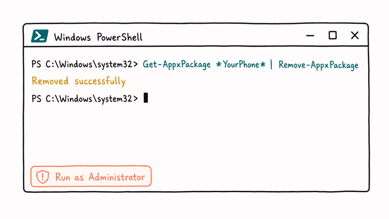 PowerShell terminal showing Get AppxPackage YourPhone Remove AppxPackage command with removed output