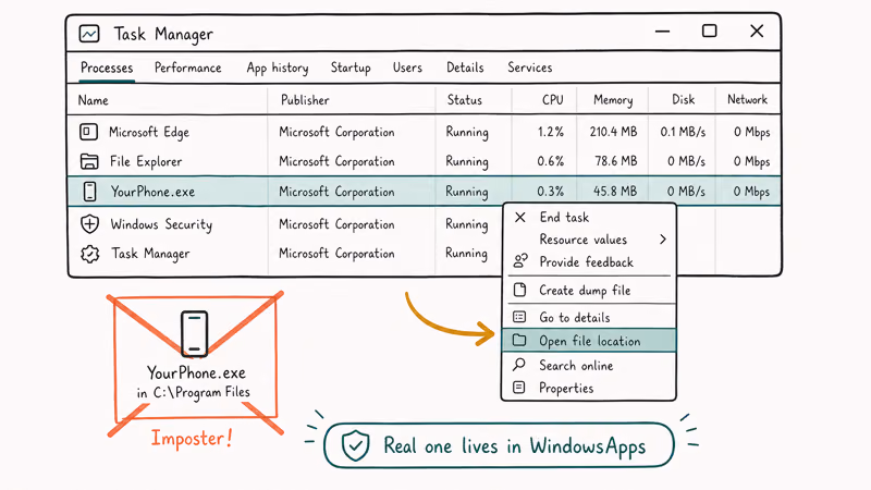 Task Manager YourPhone exe with Microsoft publisher and open file location with malware impostor crossed