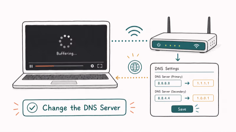 Hand-drawn illustration: Change the DNS Server