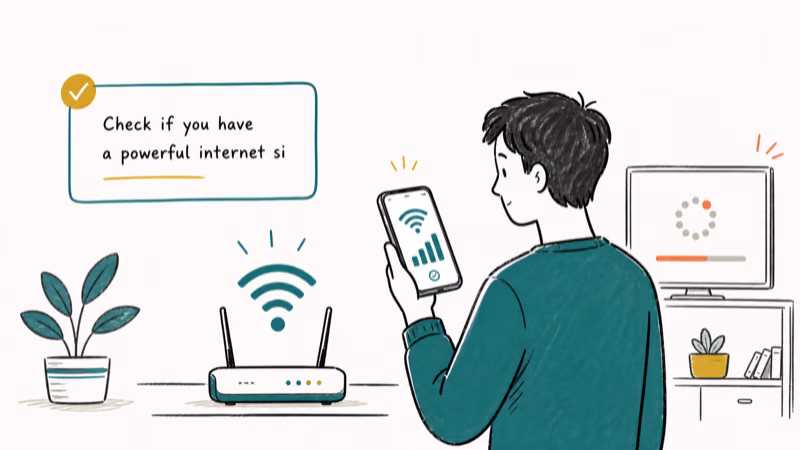 Hand-drawn illustration: Check if you have a powerful internet signal