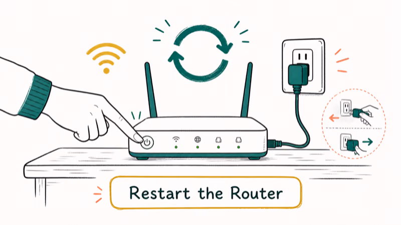 Hand-drawn illustration: Restart the Router