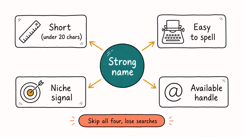 Four channel name ingredients short spellable niche signal and available handle around central node