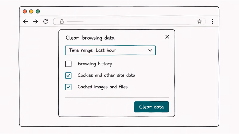 Browser clear browsing data dialog with cache and cookies checked and time range last hour highlighted