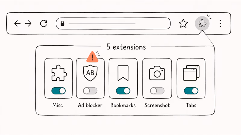 Browser extension shelf with five extension tiles showing two disabled with one ad blocker flagged as a likely