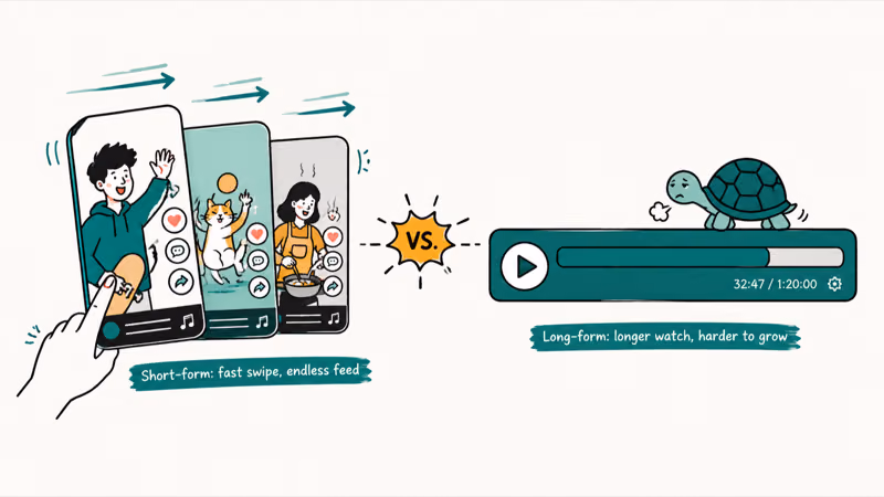 Vertical short form social video feed racing beside a longer horizontal watch time bar