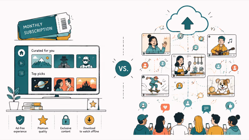 Subscription streaming catalog stack compared with open user upload creator video library