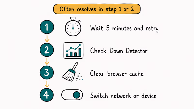 Four step YouTube 503 fix list wait check Down Detector clear cache and switch network