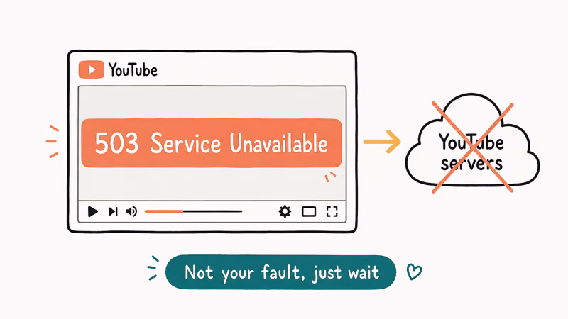 YouTube video player with 503 overlay arrow to crossed-out server cloud with not your fault note