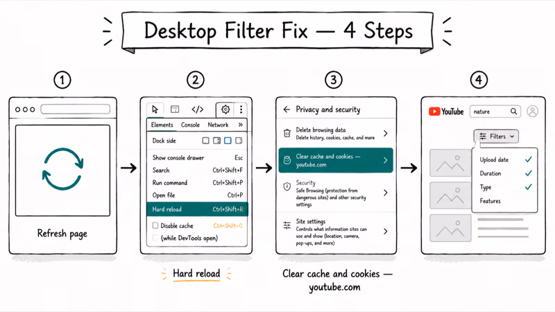 Four-card hand-drawn flow for fixing YouTube filters on desktop through hard reload and cache clear.