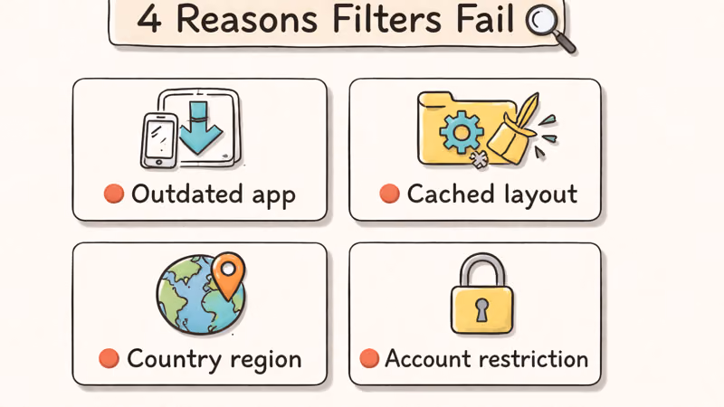 Four-card hand-drawn grid showing reasons YouTube filters do not respond including outdated app and cache.