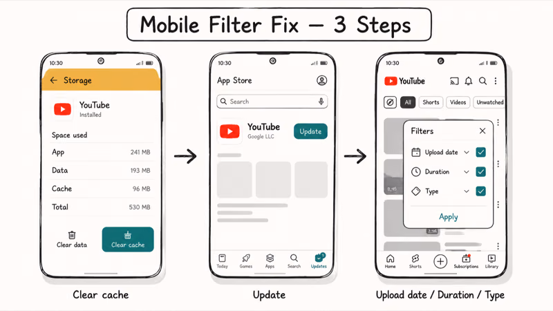 Three-screen mobile YouTube filter fix sequence covering cache clear app update and filters reopening.