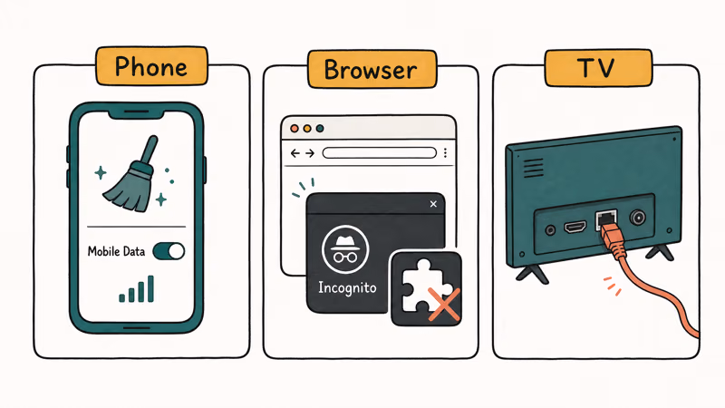 Hand-drawn phone, browser, and TV cards showing cache clear, private window, and wired fix