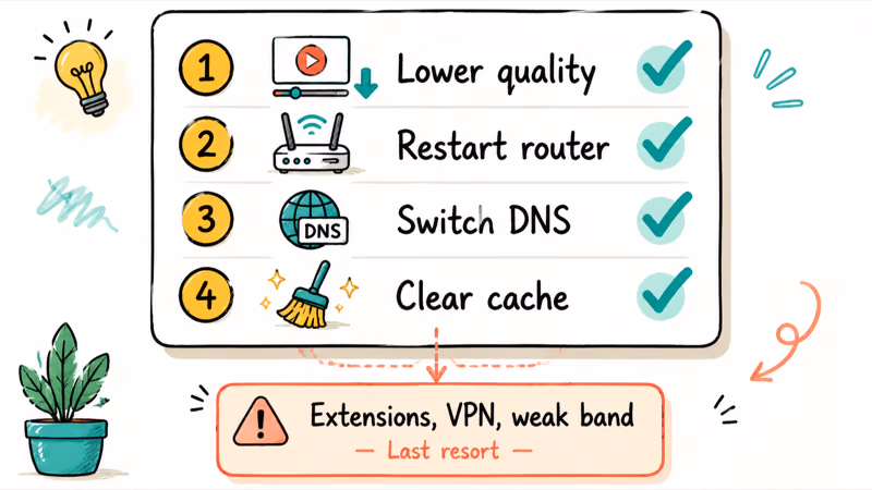 Hand-drawn ordered checklist of YouTube buffering fixes from quality to router to DNS