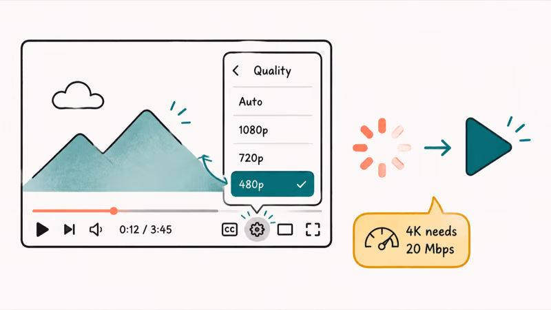 Hand-drawn YouTube quality menu switching from Auto to 480p to stop buffering wheel