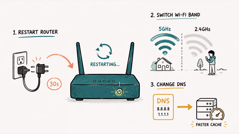 Hand-drawn router restart, Wi-Fi band switch, and DNS change for fixing YouTube buffering