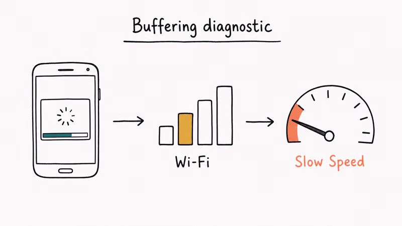 Three step buffering diagnostic showing stalled video weak signal bars and slow speedometer dial.