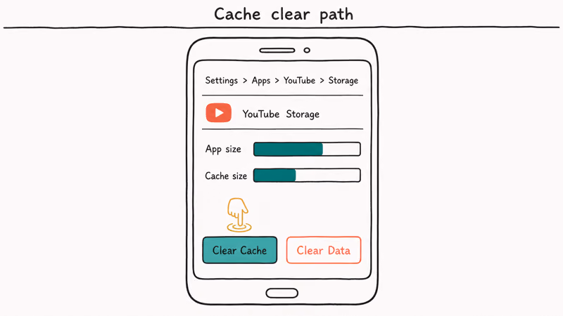 Android phone Settings screen showing path to YouTube Storage with Clear Cache button highlighted by a finger tap.